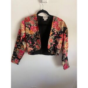Fashion Passport Womens Floral Beaded Bolero Jacket Black Pink Cotton Cropped M